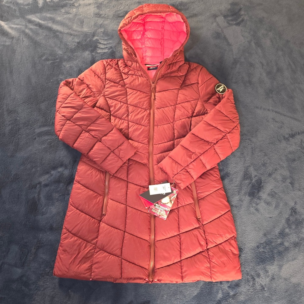 Reebok Womens Glacier Shield Maroon Quilted Puffer Coat Hooded Jacket Large NWT